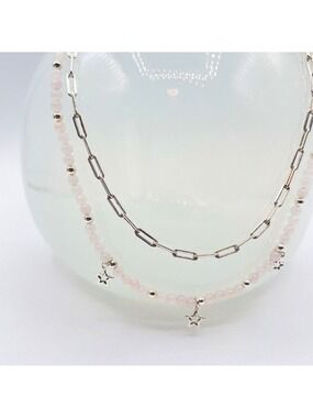 Rose quartz and silver star and paperclip necklace